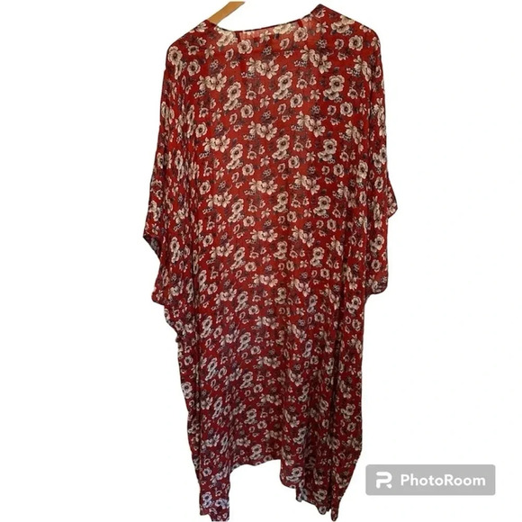 American Eagle Red Floral Kimono Lightweight Viscose Cover Up Size O/S - Picture 3 of 9